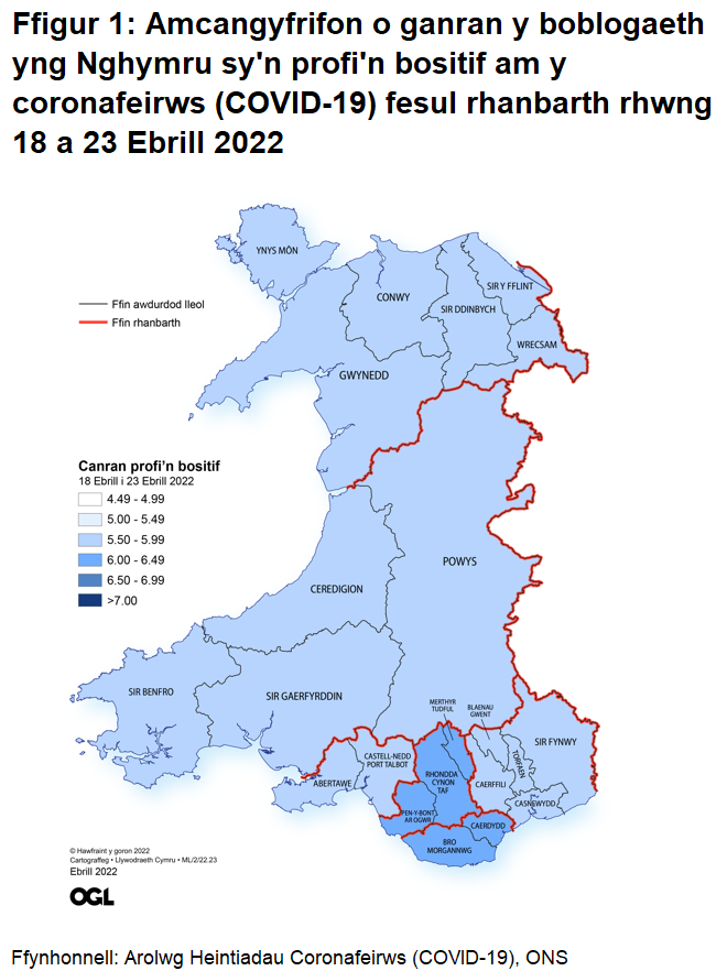 Ffigur yn dangos yr amcangyfrifon o ganran y boblogaeth yng Nghymru sy'n profi'n bositif am y coronafeirws (COVID-19) fesul rhanbarth rhwng 18 i 23 Ebrill 2022.
