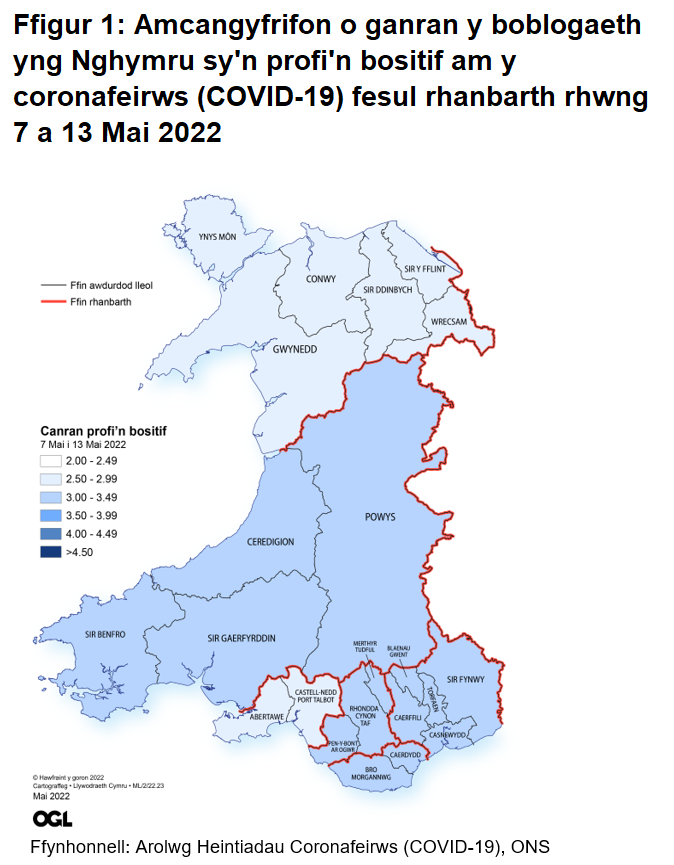 Ffigur yn dangos yr amcangyfrifon o ganran y boblogaeth yng Nghymru sy'n profi'n bositif am y coronafeirws (COVID-19) fesul rhanbarth rhwng 7 i 13 Mai 2022.